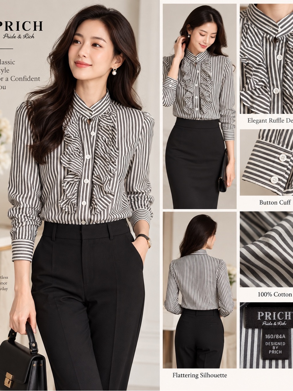 PRICH 100% Cotton Striped Ruffle Button Down Blouse 160/84A